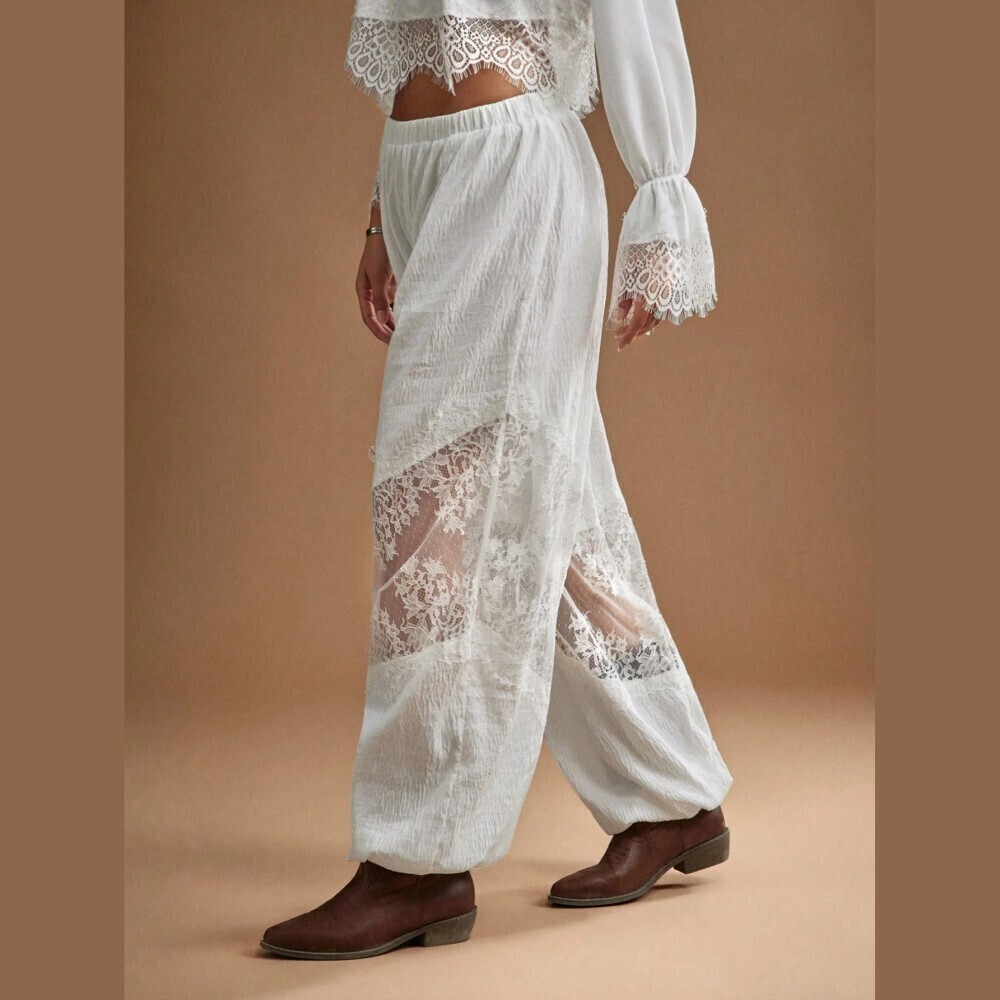 Ivory White Crinkle Lace Panel Elastic Waist Wide Leg Track Pants